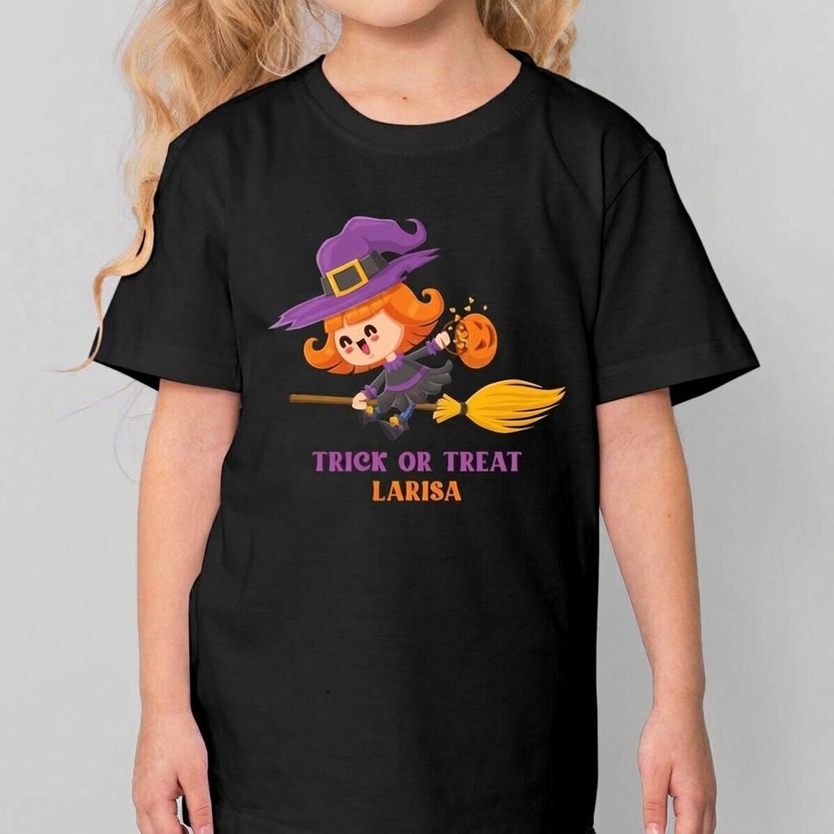 Maglietta in cotone per bambini con personaggi di Halloween, personalizzata con la scritta "Trick or