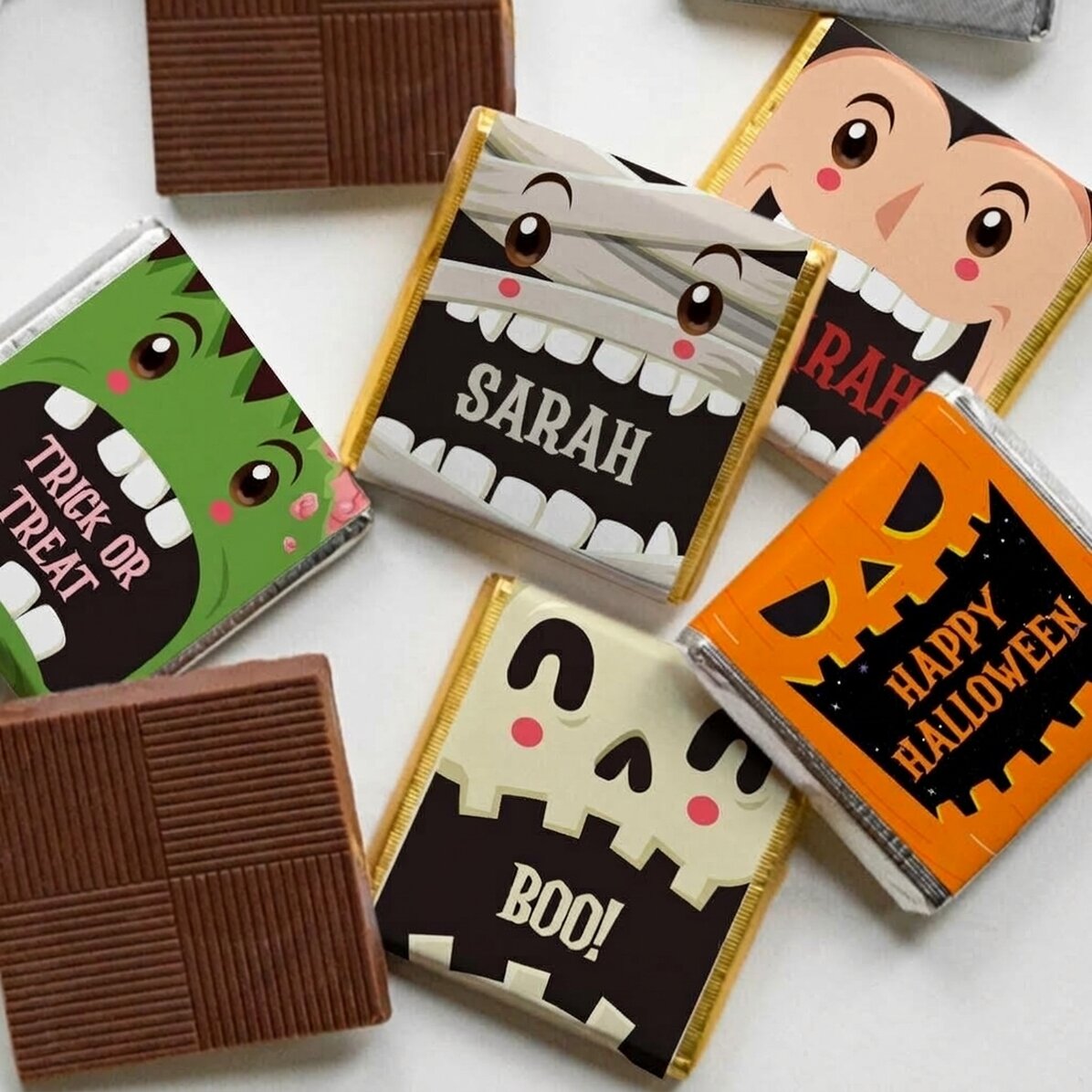 Set di 5 mini cioccolatini personalizzati con messaggio - personaggi di Halloween
