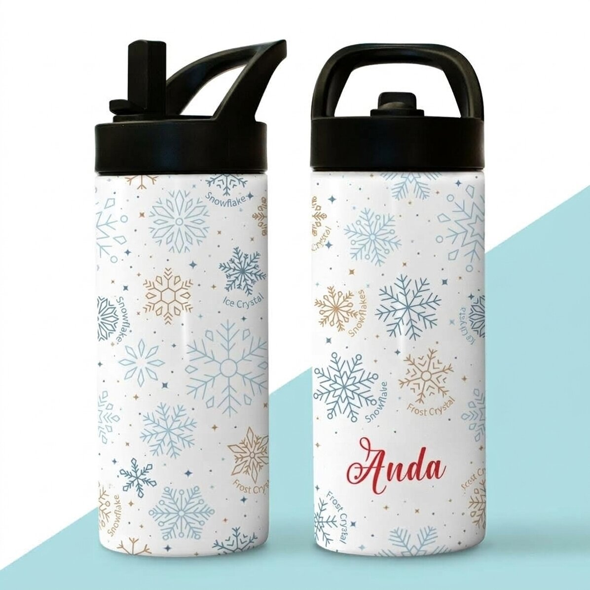 Tazza termica con manico e cannuccia personalizzata con nome - Fiocchi di neve