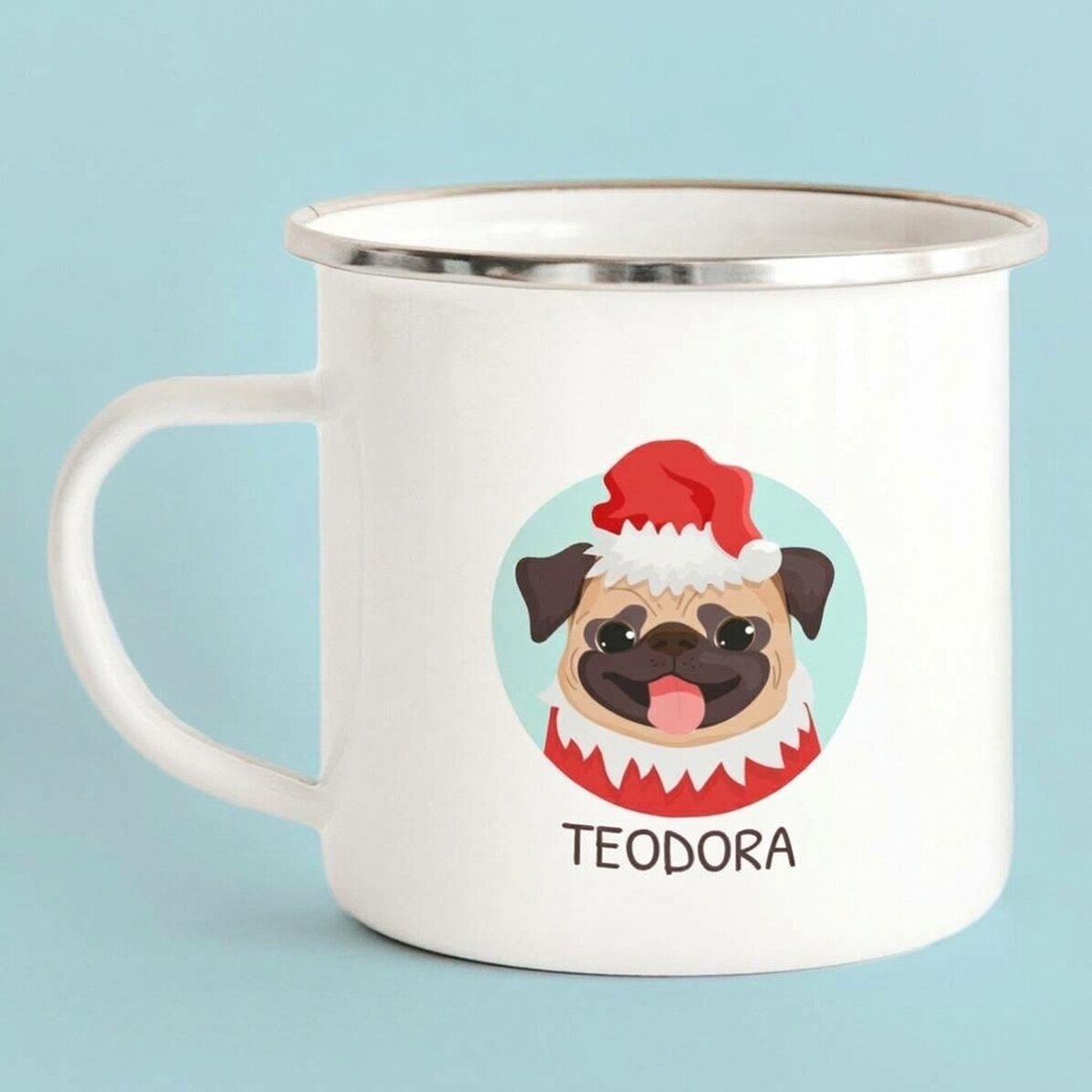 Tazza in metallo smaltato con nome - Cuccioli di Natale