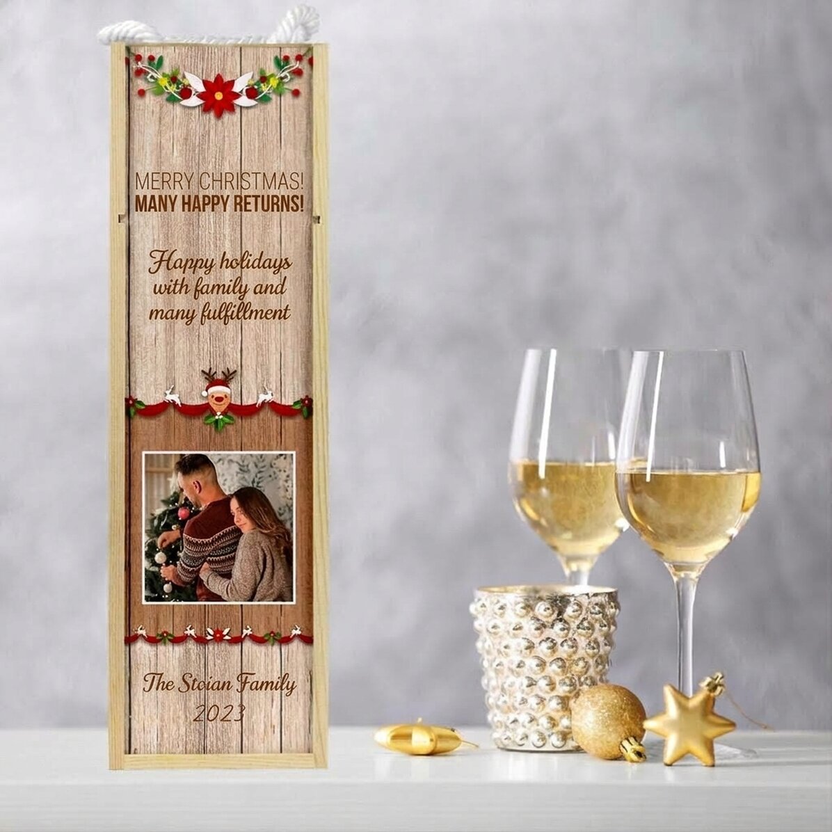 Scatola per vino personalizzata con foto e testo - Modello natalizio