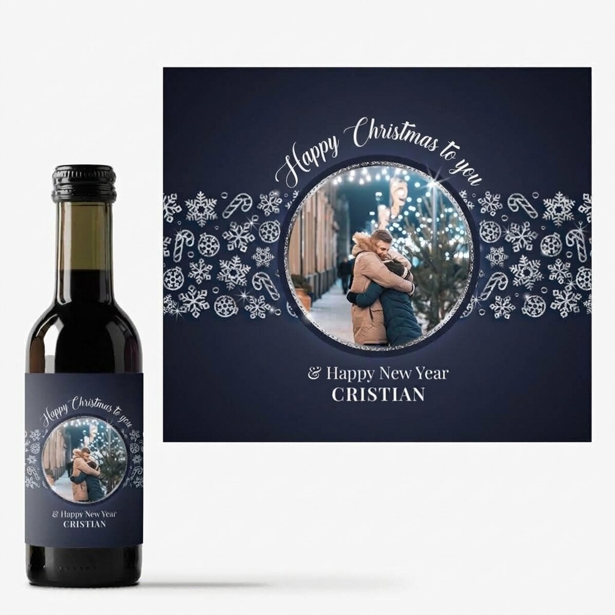 Mini bottiglia di vino personalizzata con foto e testo - Shiny Snowflakes