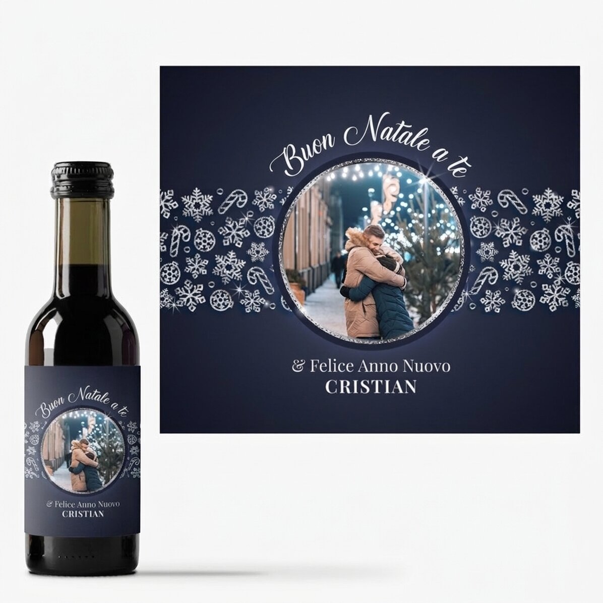 Mini bottiglia di vino personalizzata con foto e testo - Shiny Snowflakes