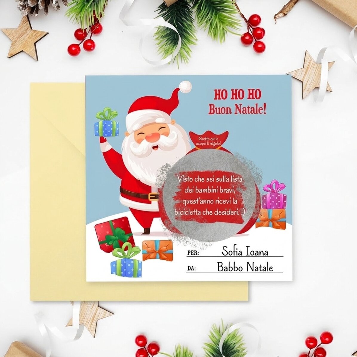 Cartolina gratta e vinci personalizzata con testo - Regalo di Natale