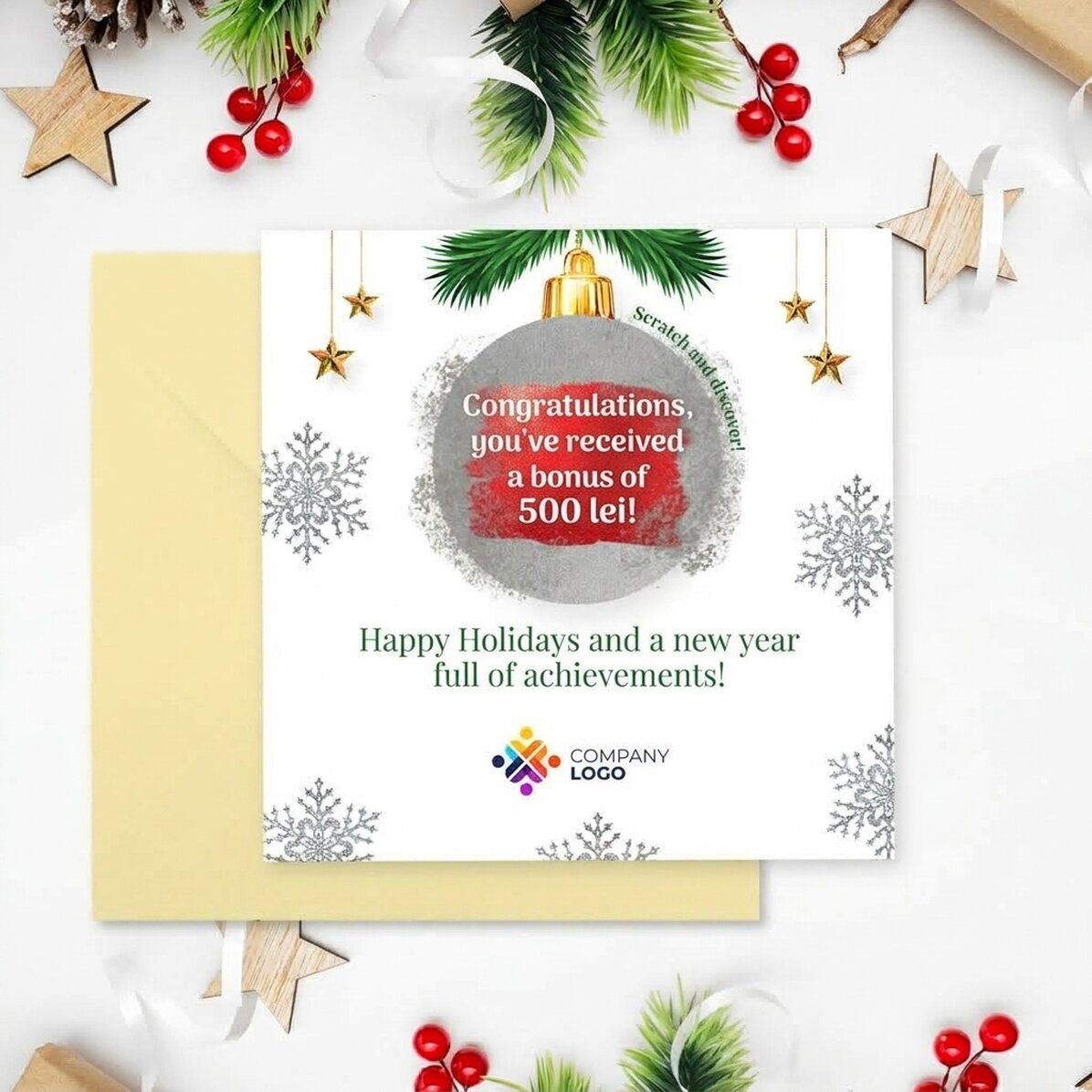 Cartolina gratta e vinci personalizzata con logo e messaggio - La sorpresa di Natale