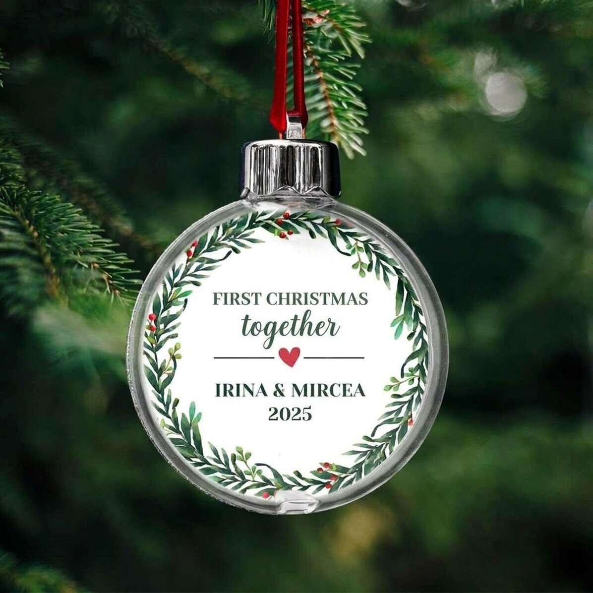 Globo trasparente personalizzato su entrambi i lati con una foto e un messaggio - Il primo Natale in