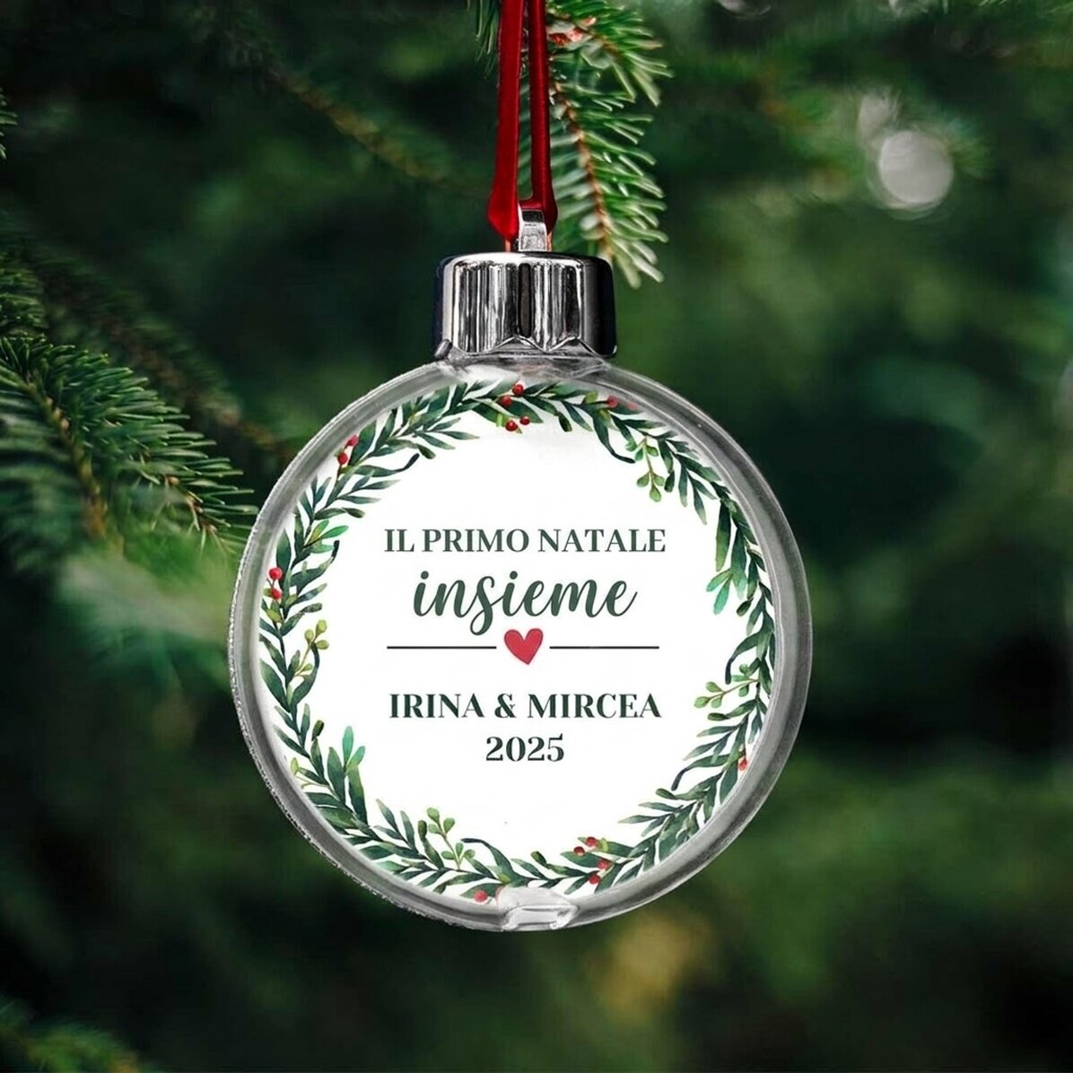 Globo trasparente personalizzato su entrambi i lati con una foto e un messaggio - Il primo Natale in