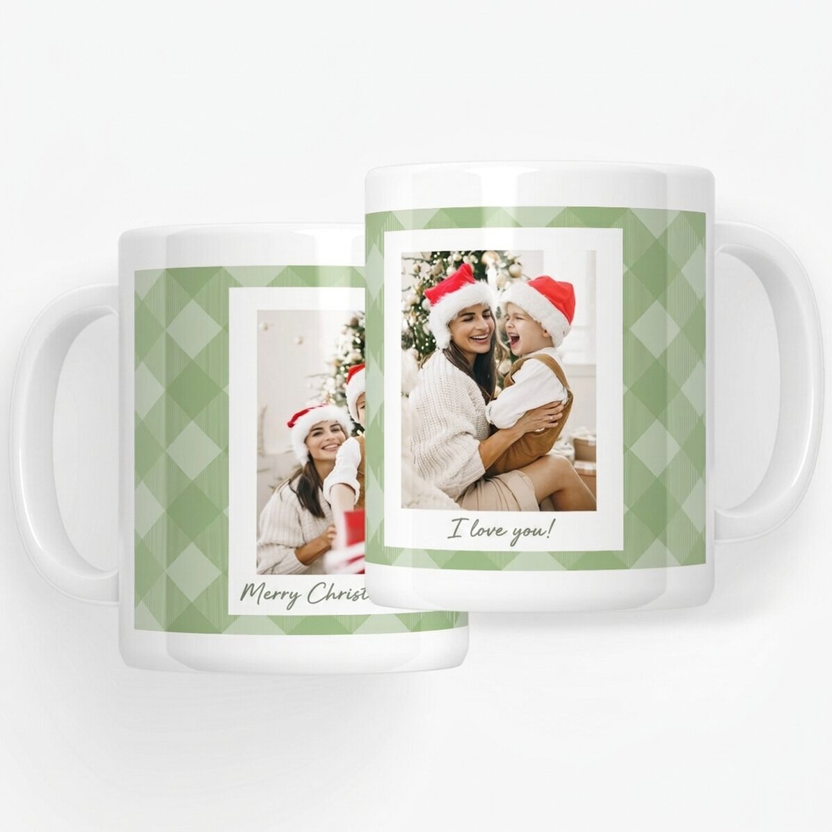 Tazza personalizzata con due foto e un testo - Quadretti verdi
