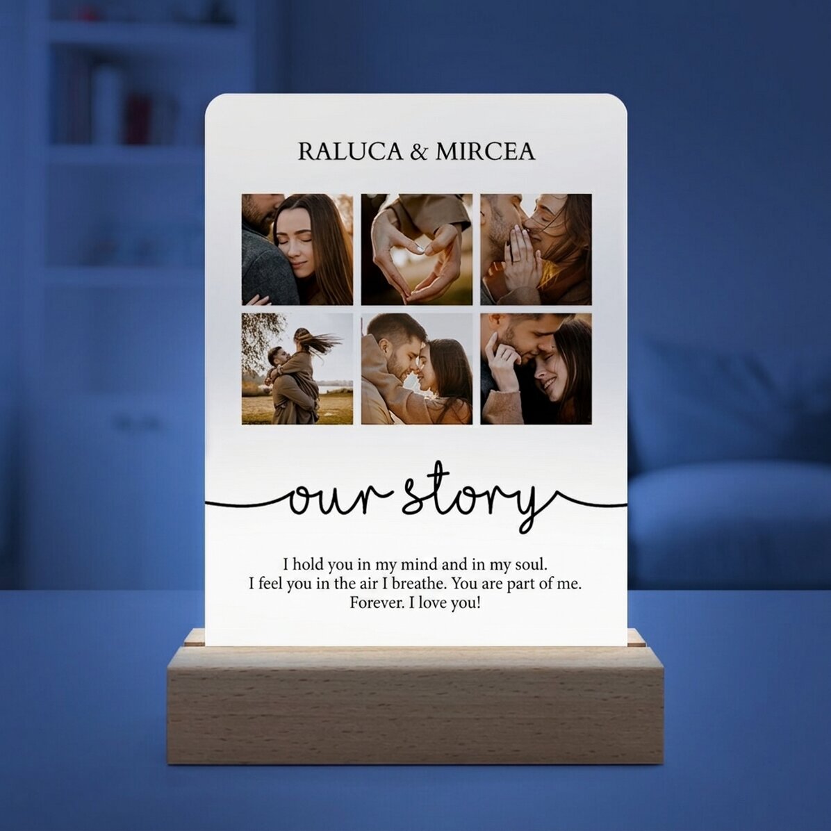 Lampada da comodino a LED personalizzata con 6 foto e un messaggio - La nostra storia