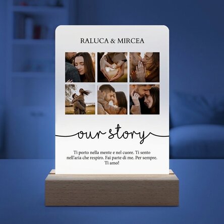 Lampada da comodino a LED personalizzata con 6 foto e un messaggio - La nostra storia
