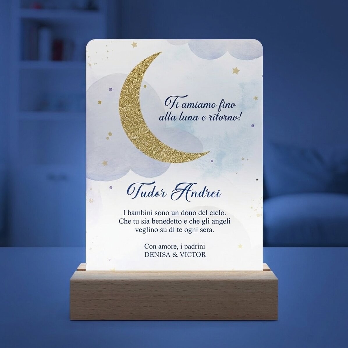 Lampada da comodino a LED personalizzata con messaggio - To the moon and back