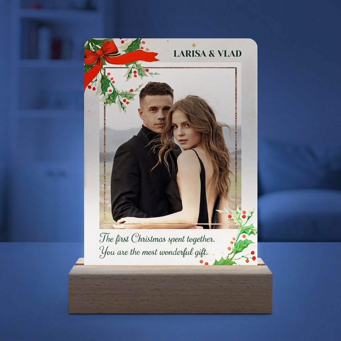 Lampada da comodino a LED personalizzata con una foto e un messaggio - Natale