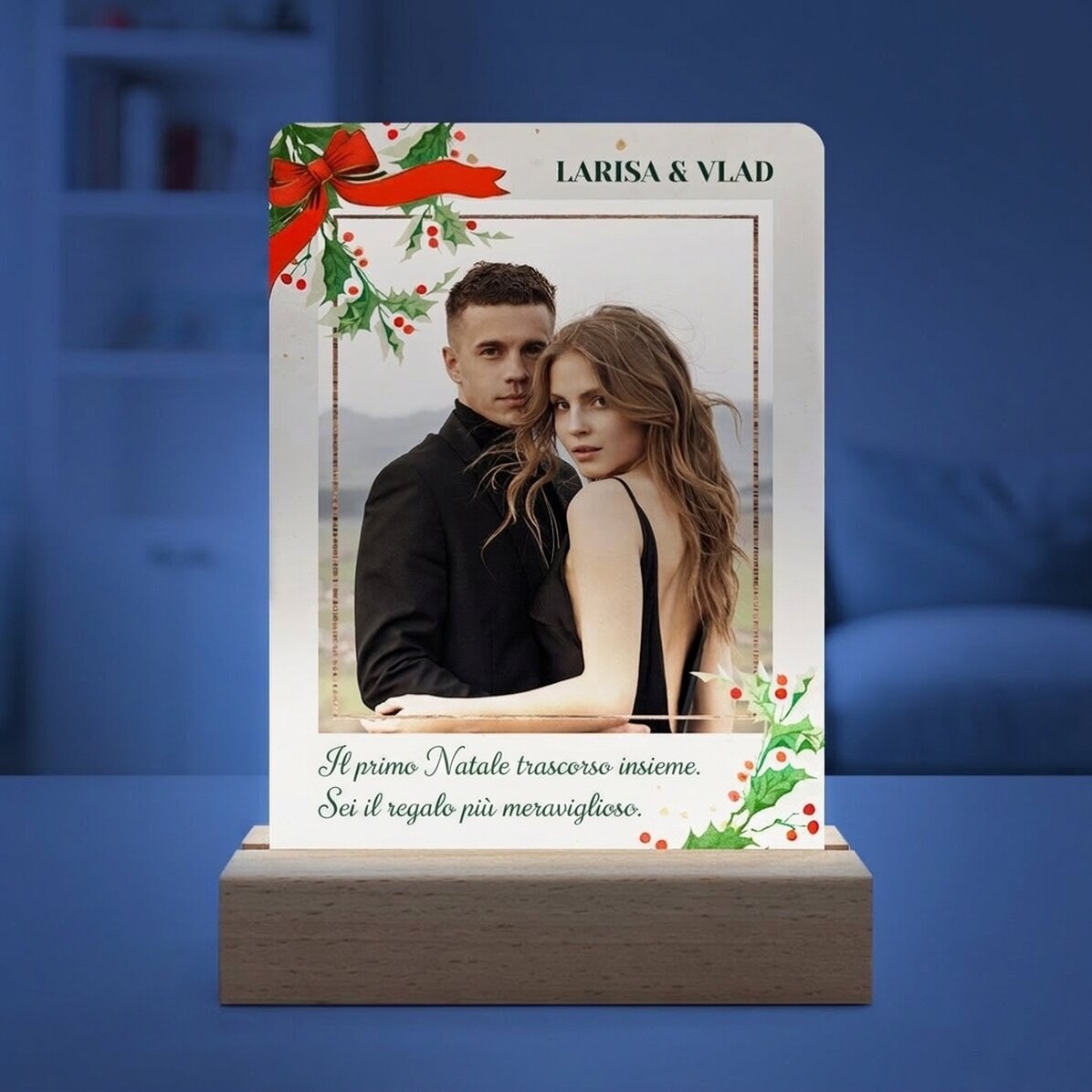 Lampada da comodino a LED personalizzata con una foto e un messaggio - Natale