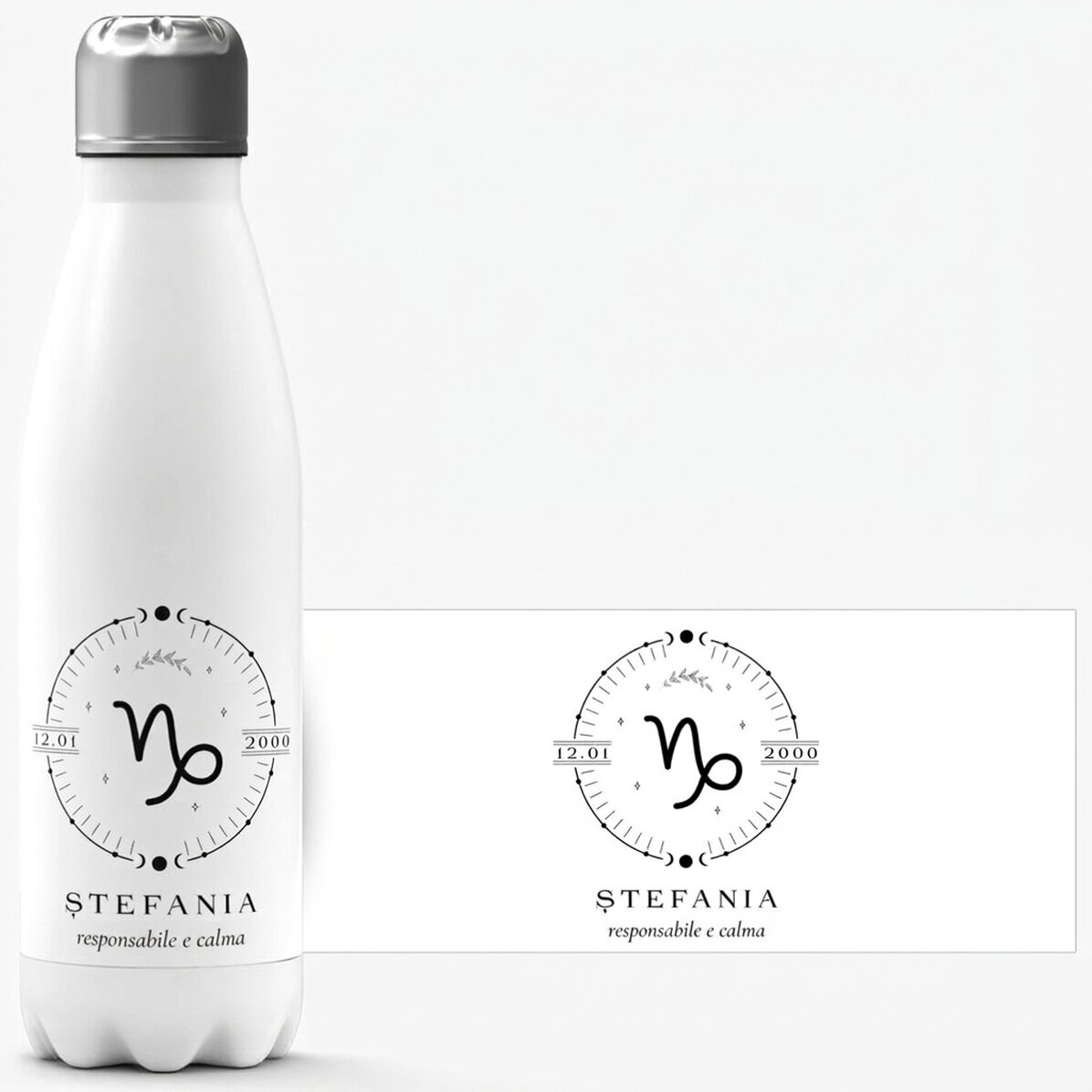 Thermos con base bianca personalizzato con una scritta e il segno zodiacale del Capricorno