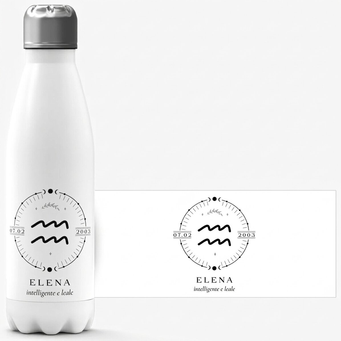 Thermos con base bianca personalizzato con una scritta e il segno zodiacale dell