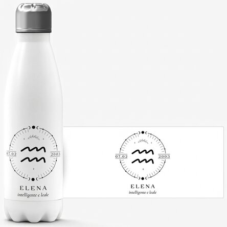 Thermos con base bianca personalizzato con una scritta e il segno zodiacale dell
