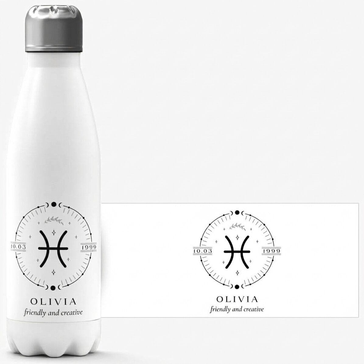 Thermos con base bianca personalizzato con una scritta e il segno zodiacale dei Pesci