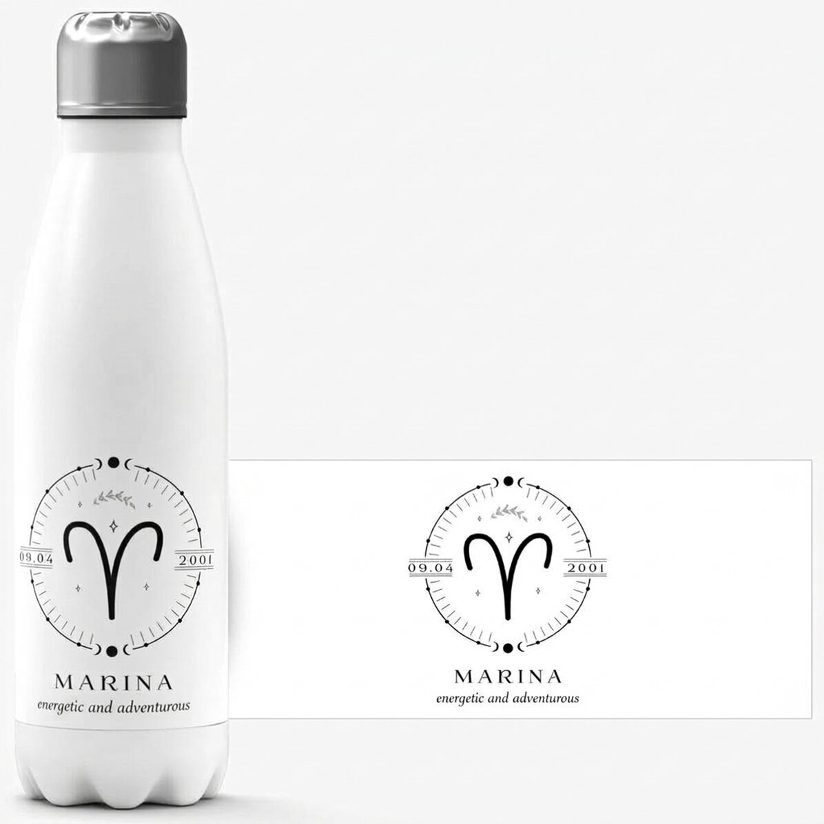 Thermos con base bianca personalizzato con una scritta e il segno zodiacale dell