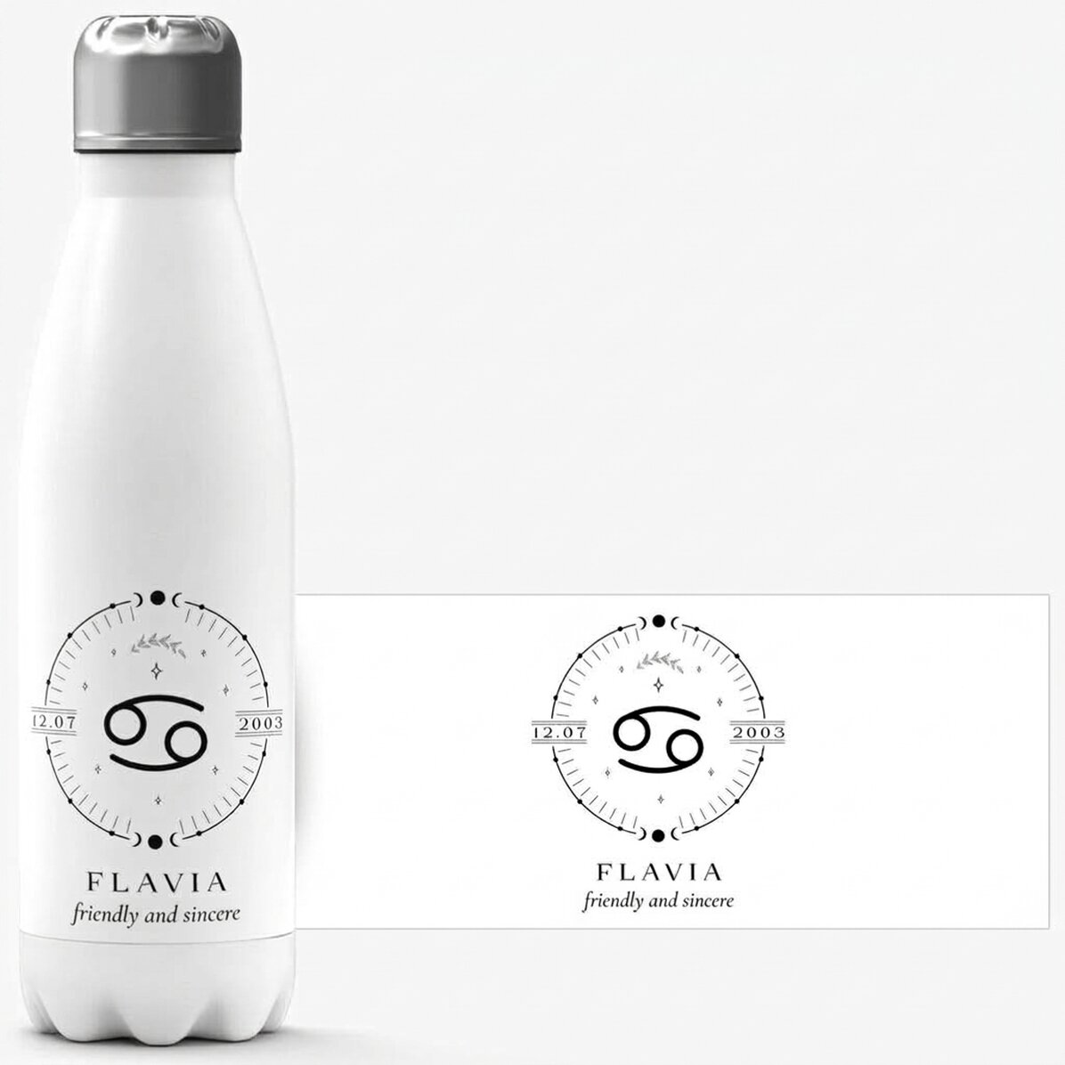 Thermos con base bianca personalizzato con una scritta e il segno zodiacale del Cancro