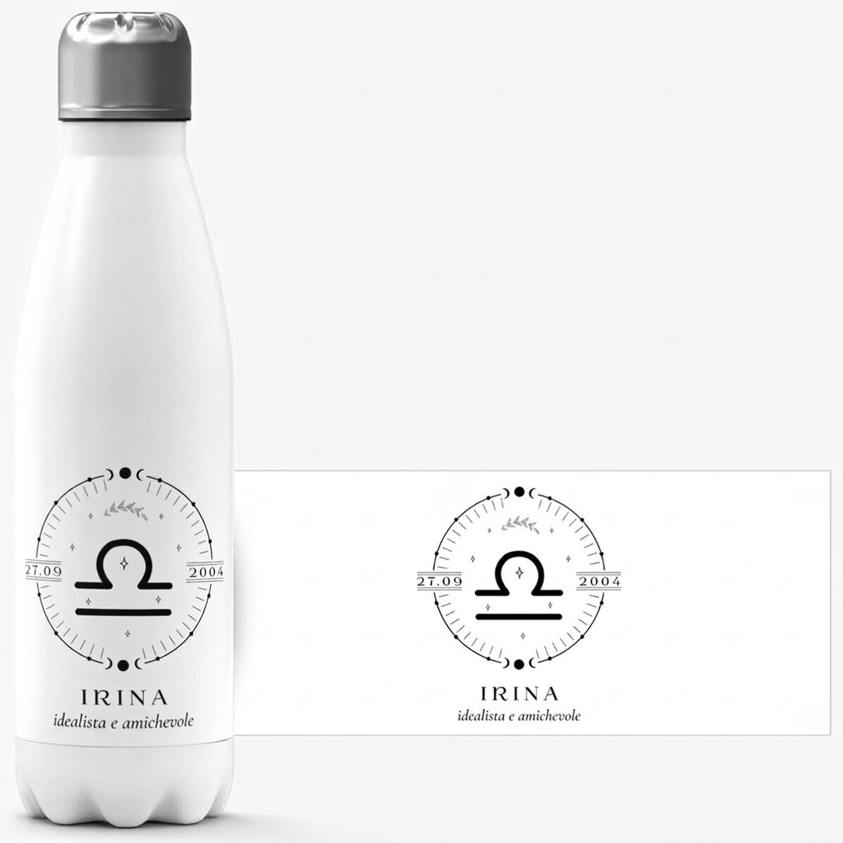 Thermos con base bianca personalizzato con una scritta e il segno zodiacale della Bilancia