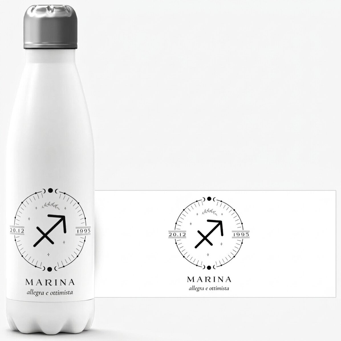 Thermos con base bianca personalizzato con una scritta e il segno zodiacale del Sagittario