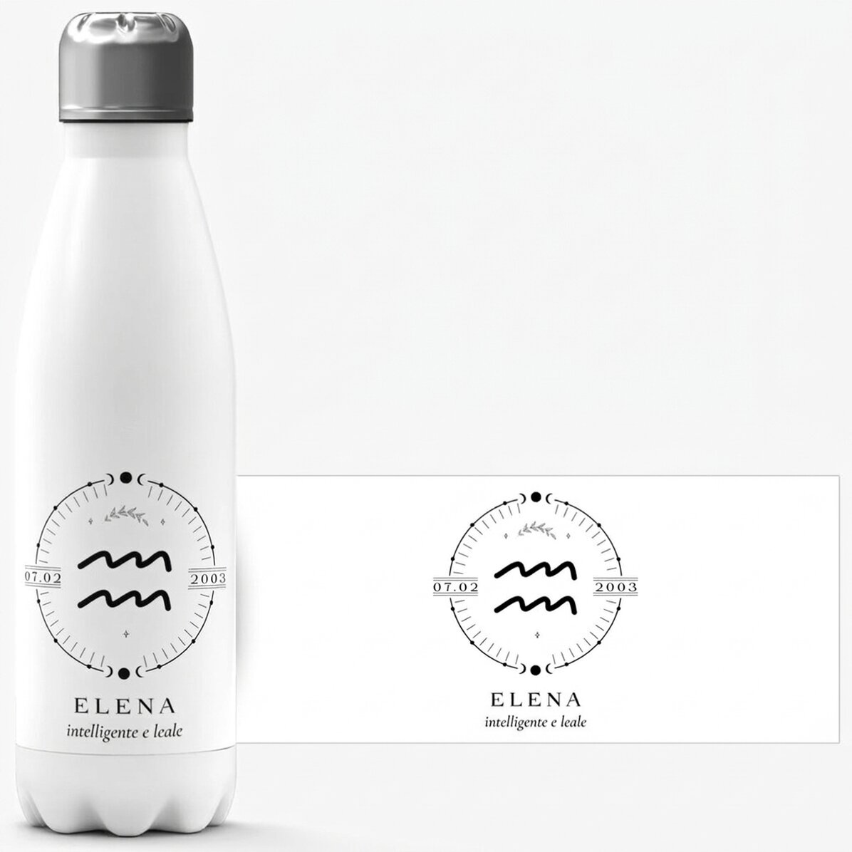 Thermos con base bianca personalizzato con testo e segno zodiacale