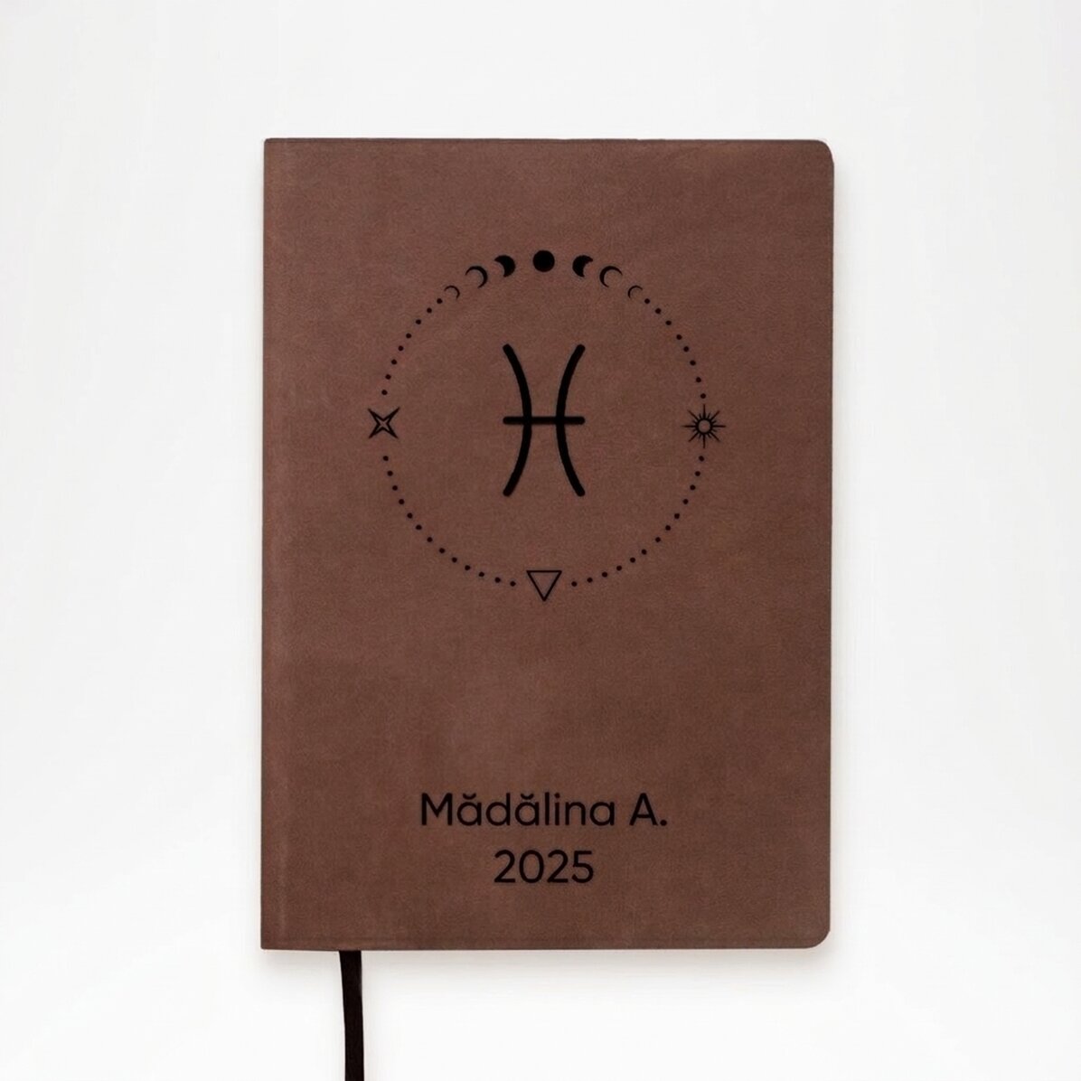Agenda in pelle personalizzata con testo e segno zodiacale Pesci