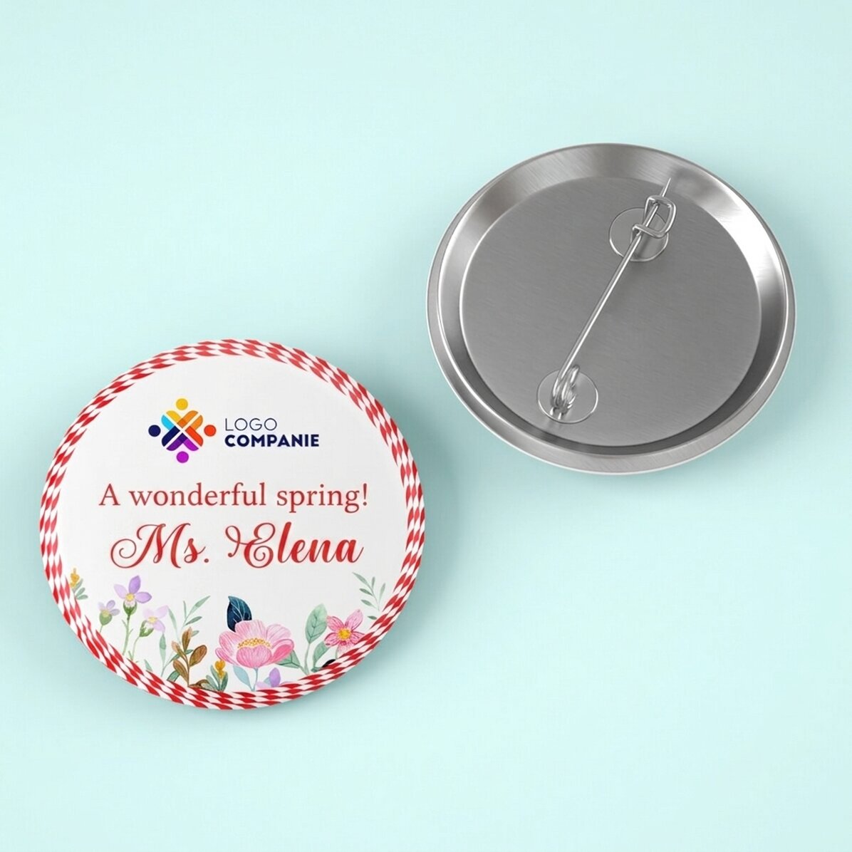 Distintivo personalizzato con logo, nome e messaggio