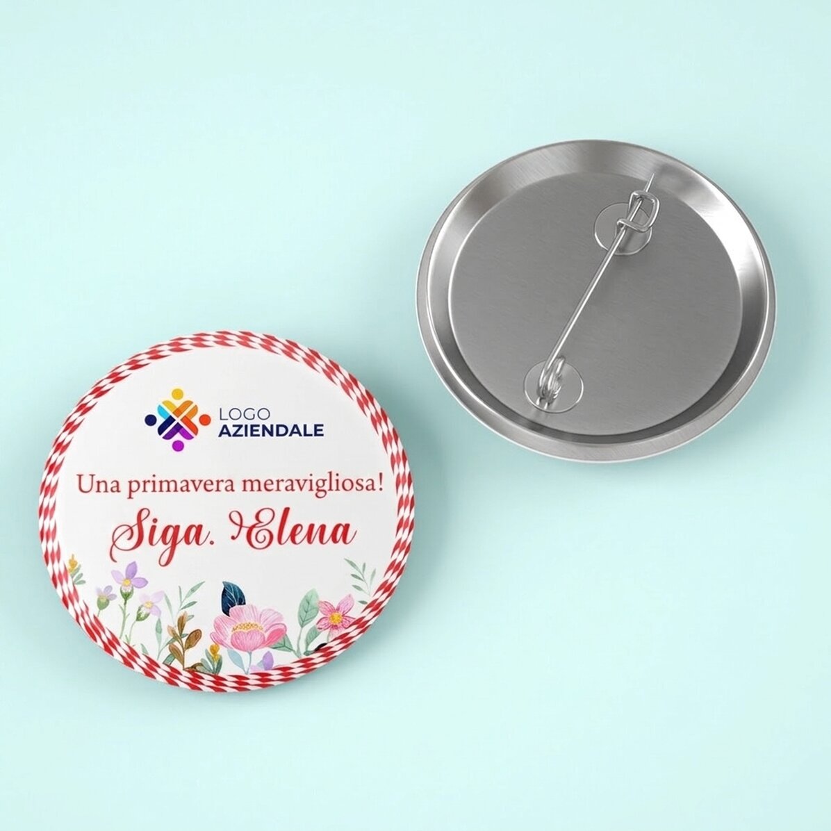 Spilla personalizzata con logo, nome e messaggio