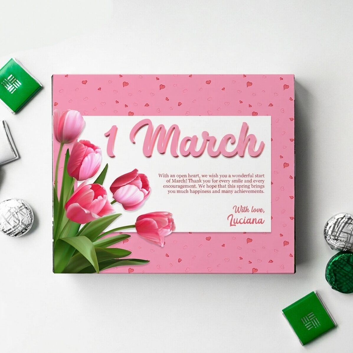 Scatola di cioccolatini personalizzata con scritta - Tulipani rosa