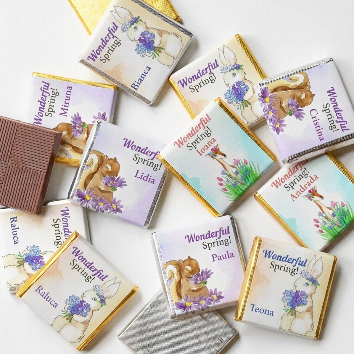 Set di 10 mini cioccolatini primaverili personalizzati con una scritta - Watercolor spring