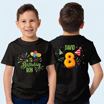 Personalised cotton T-shirt for children, front and back, for birthdays