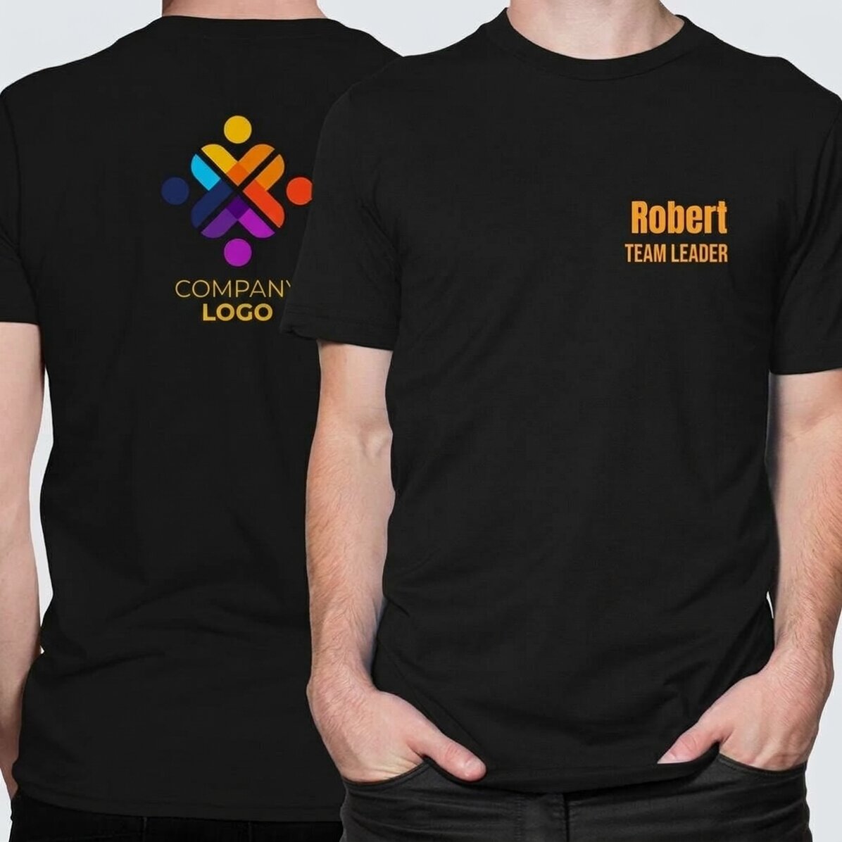Customised cotton T-shirt with text and logo on the front and back