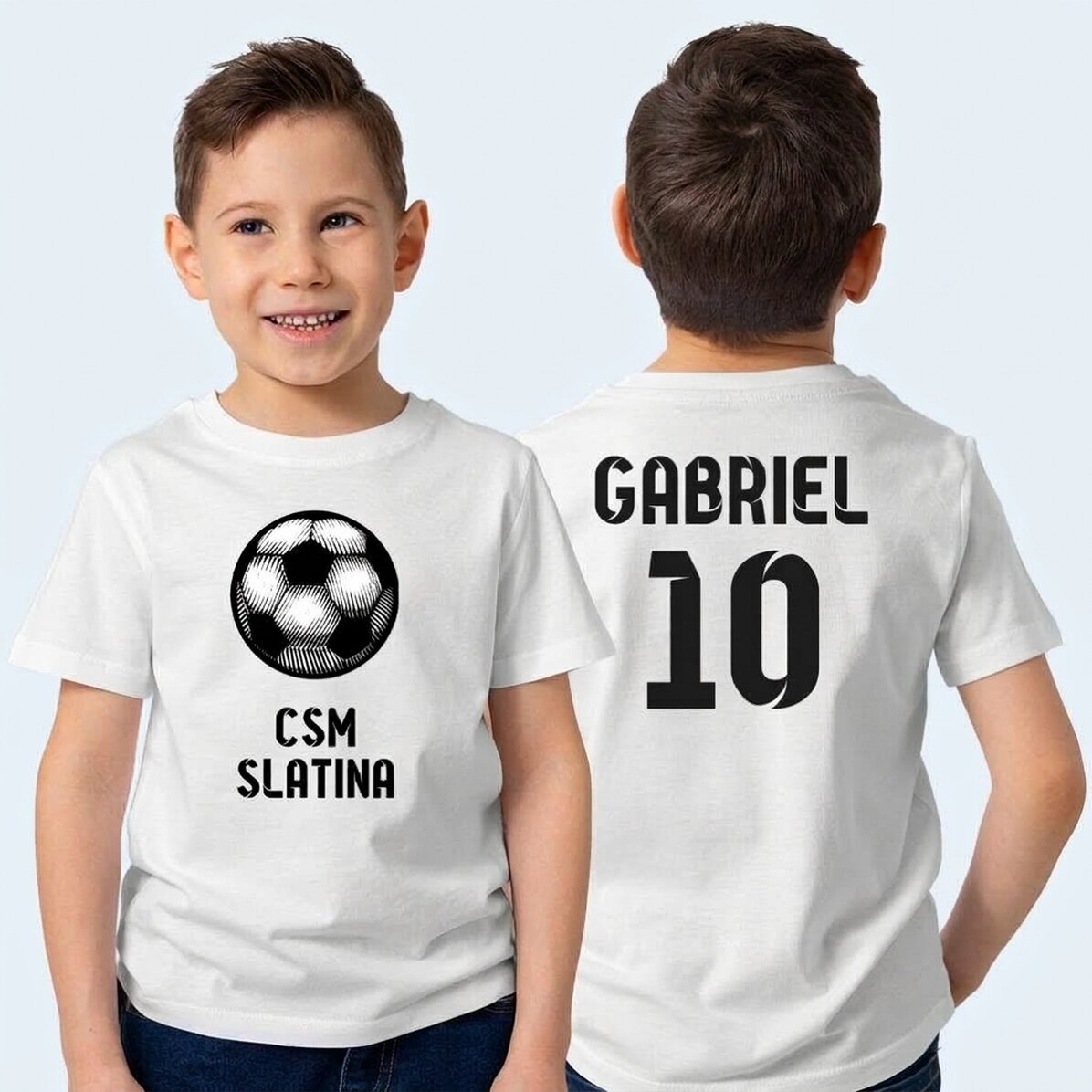 Personalised cotton T-shirt for children with text on both sides - Football