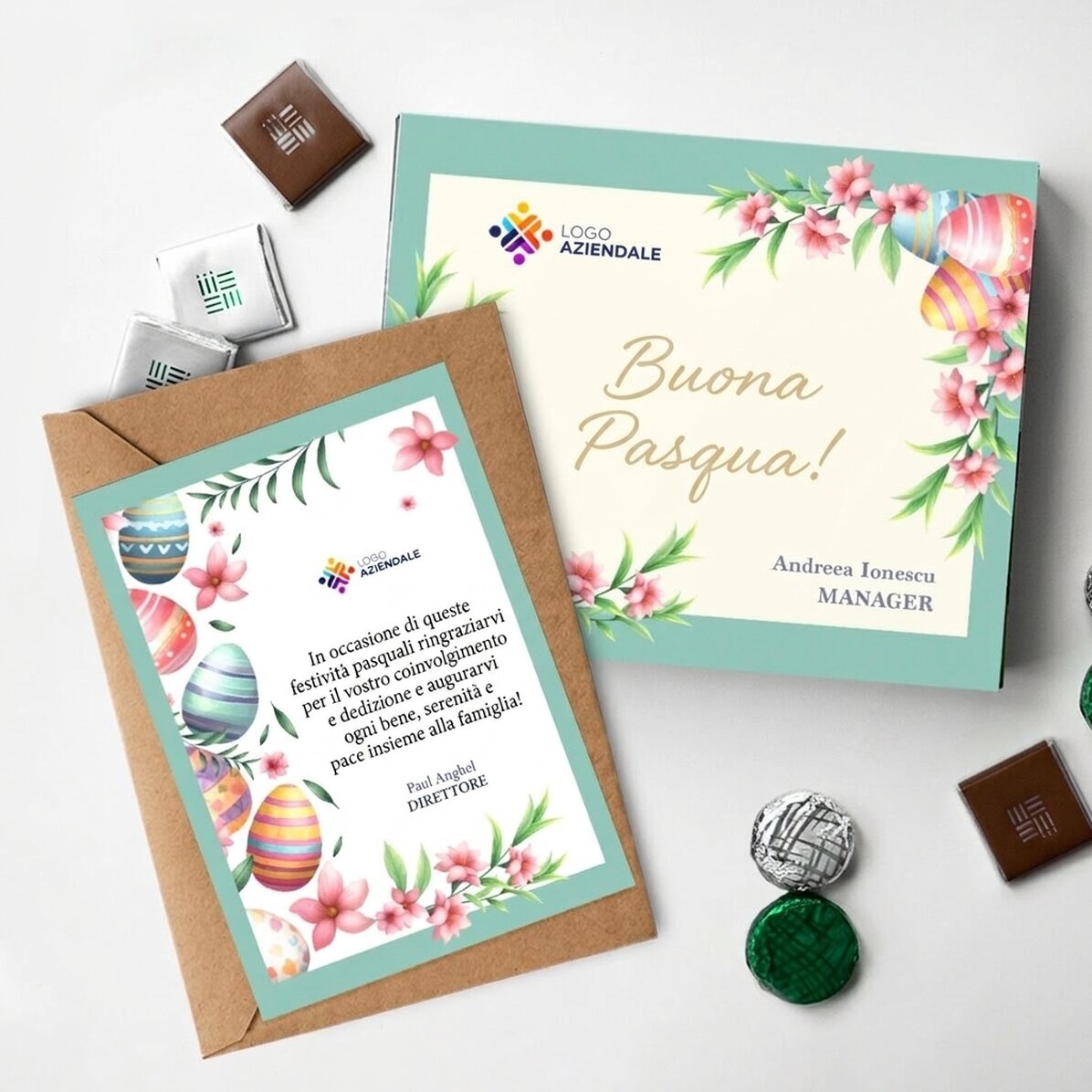 Set personalizzato con logo - scatola di cioccolatini e biglietto - Buona Pasqua!