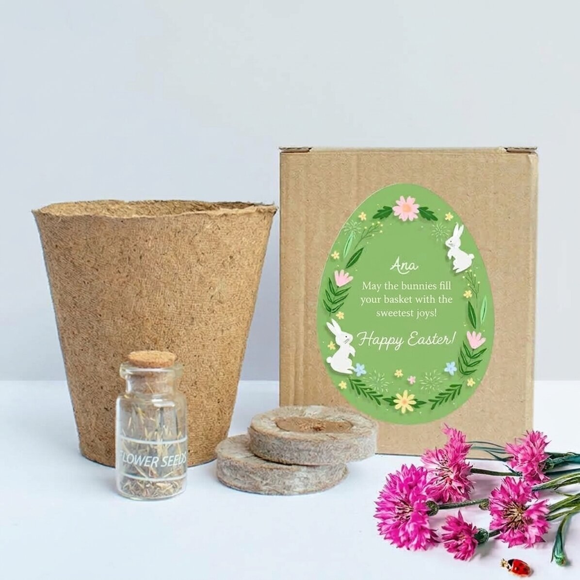 Kit per piantare fiori in una scatolina personalizzata con una frase pasquale - Floral