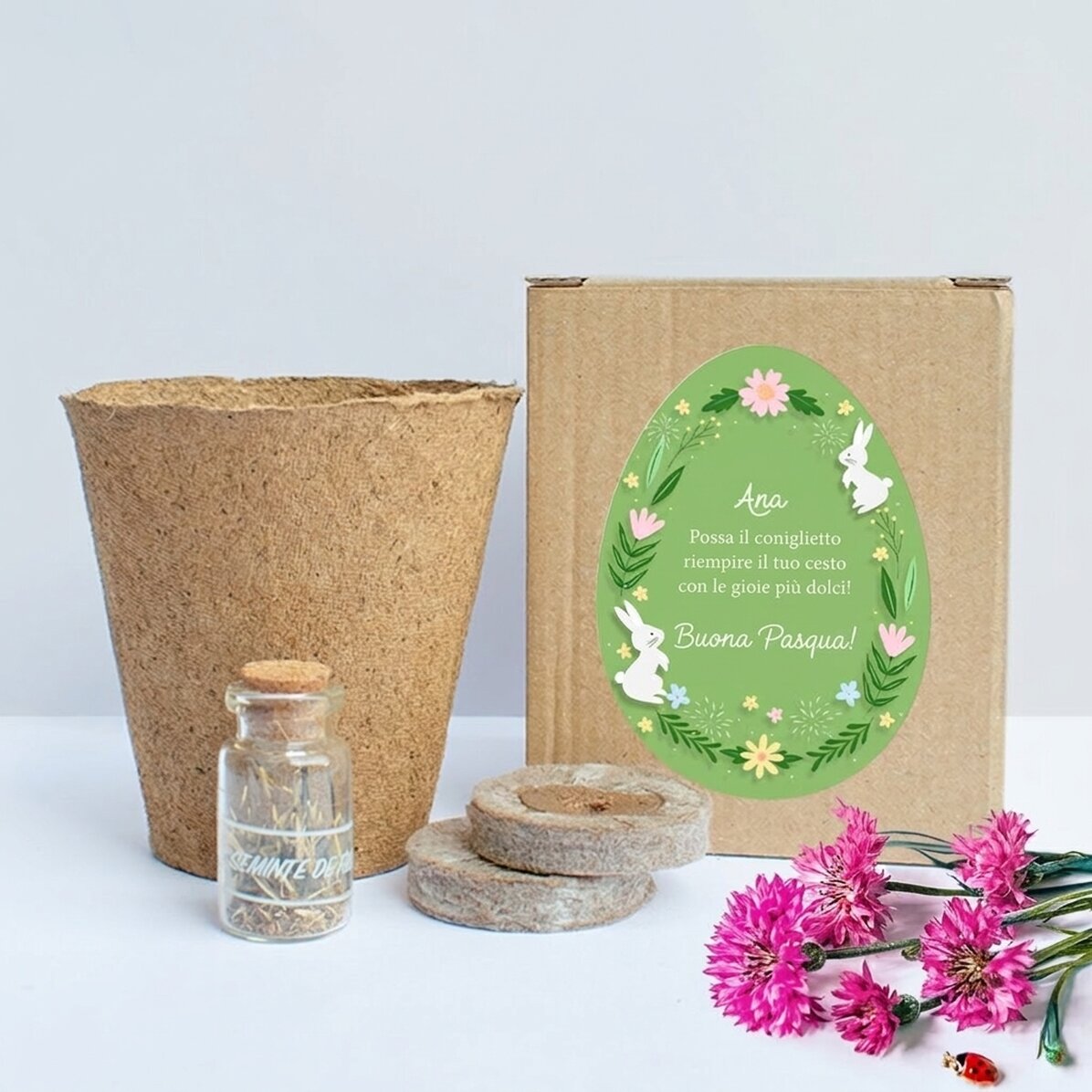 Kit per piantare fiori in una scatolina personalizzata con una frase pasquale - Floral