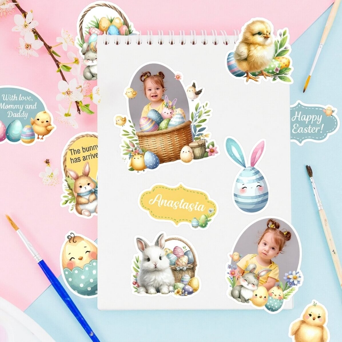 Set di adesivi (etichette autoadesive) personalizzati con foto e testo - Buona Pasqua!