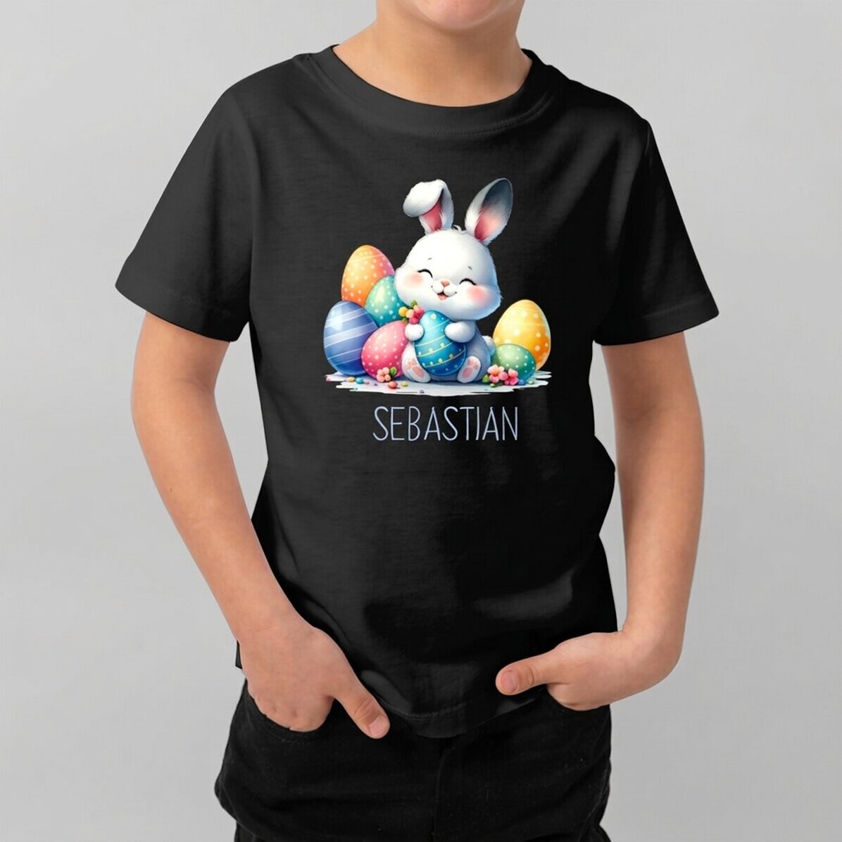 Maglietta in cotone per bambini personalizzata con nome - Coniglietto con le uova di Pasqua