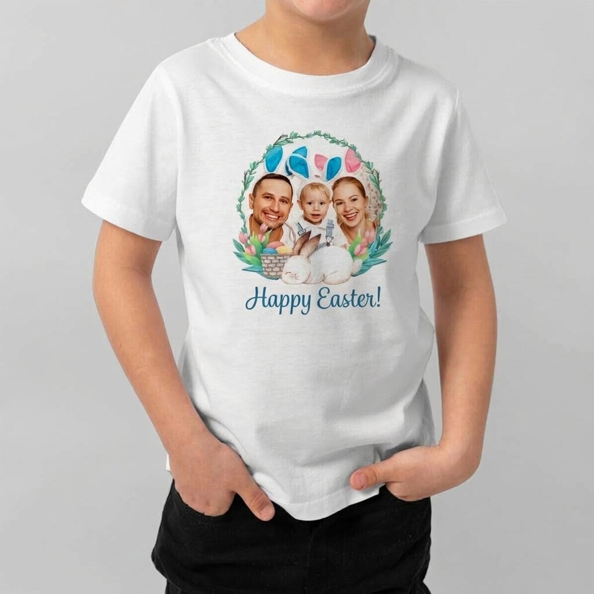 Maglietta in cotone per bambini personalizzata con una foto e un messaggio - Buona Pasqua!