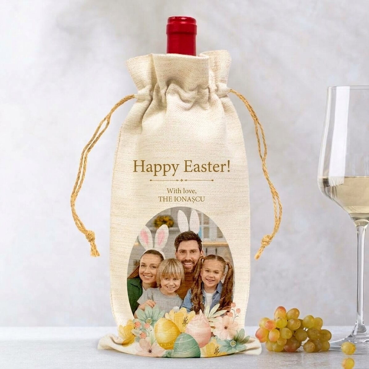 Sacchetto personalizzato con foto e messaggio per la bottiglia di vino - Coniglietto di Pasqua