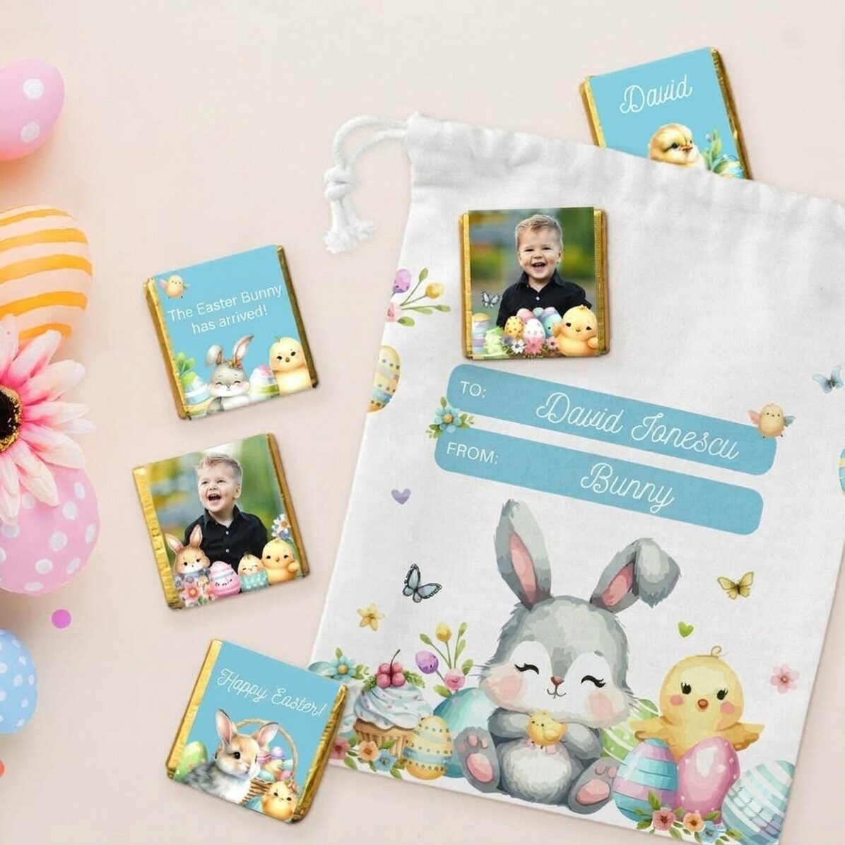 Set personalizzato - sacchettino e 5 mini cioccolatini - Dal coniglietto