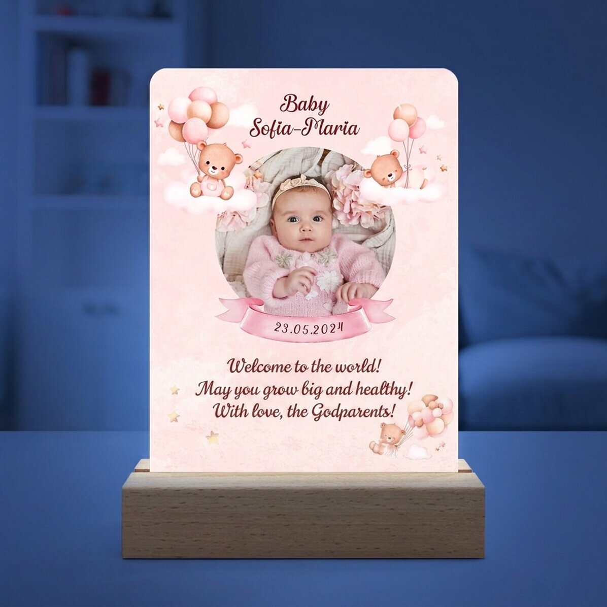 Lampada da comodino a LED personalizzata con foto e testo - Bambina