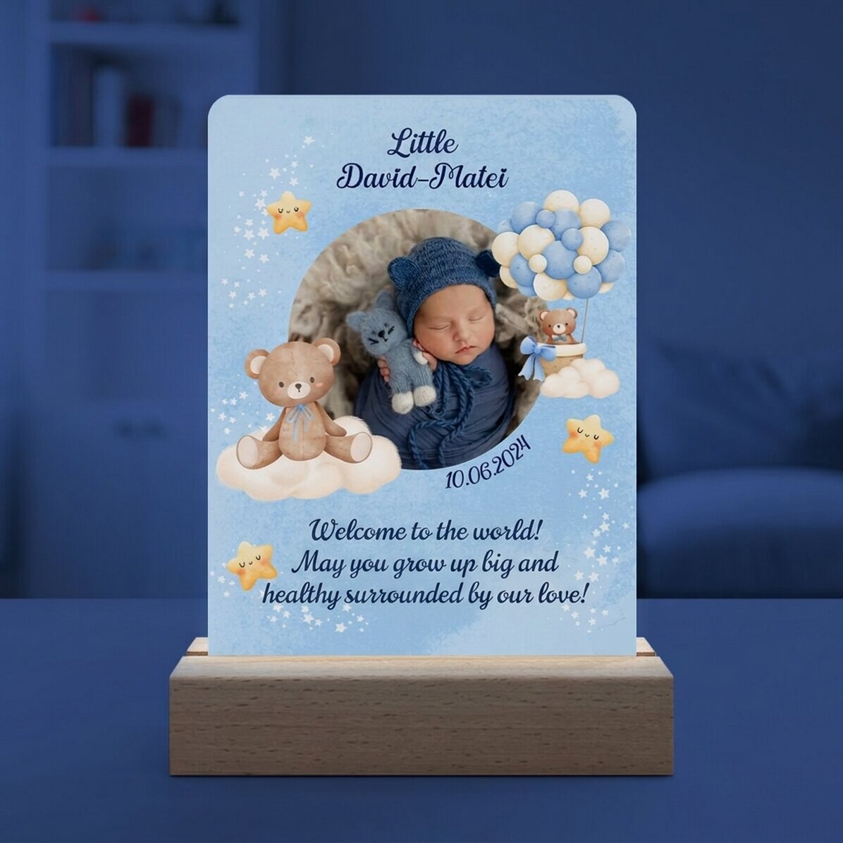 Lampada da comodino a LED personalizzata con foto e testo - Bambino