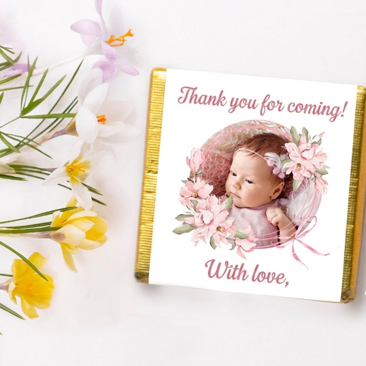 Mini cioccolatino personalizzato per il battesimo con foto e testo - Rosa