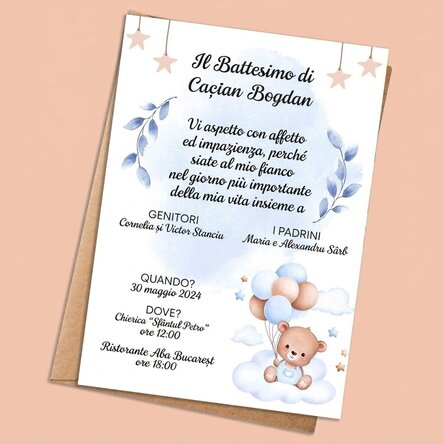 Biglietto personalizzato con testo - invito al battesimo - Orsetto