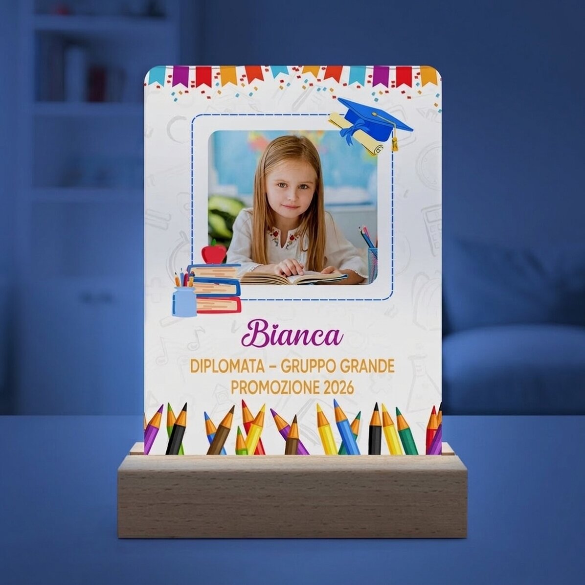 Lampada da comodino a LED personalizzata con foto e messaggio per bambini - Diploma