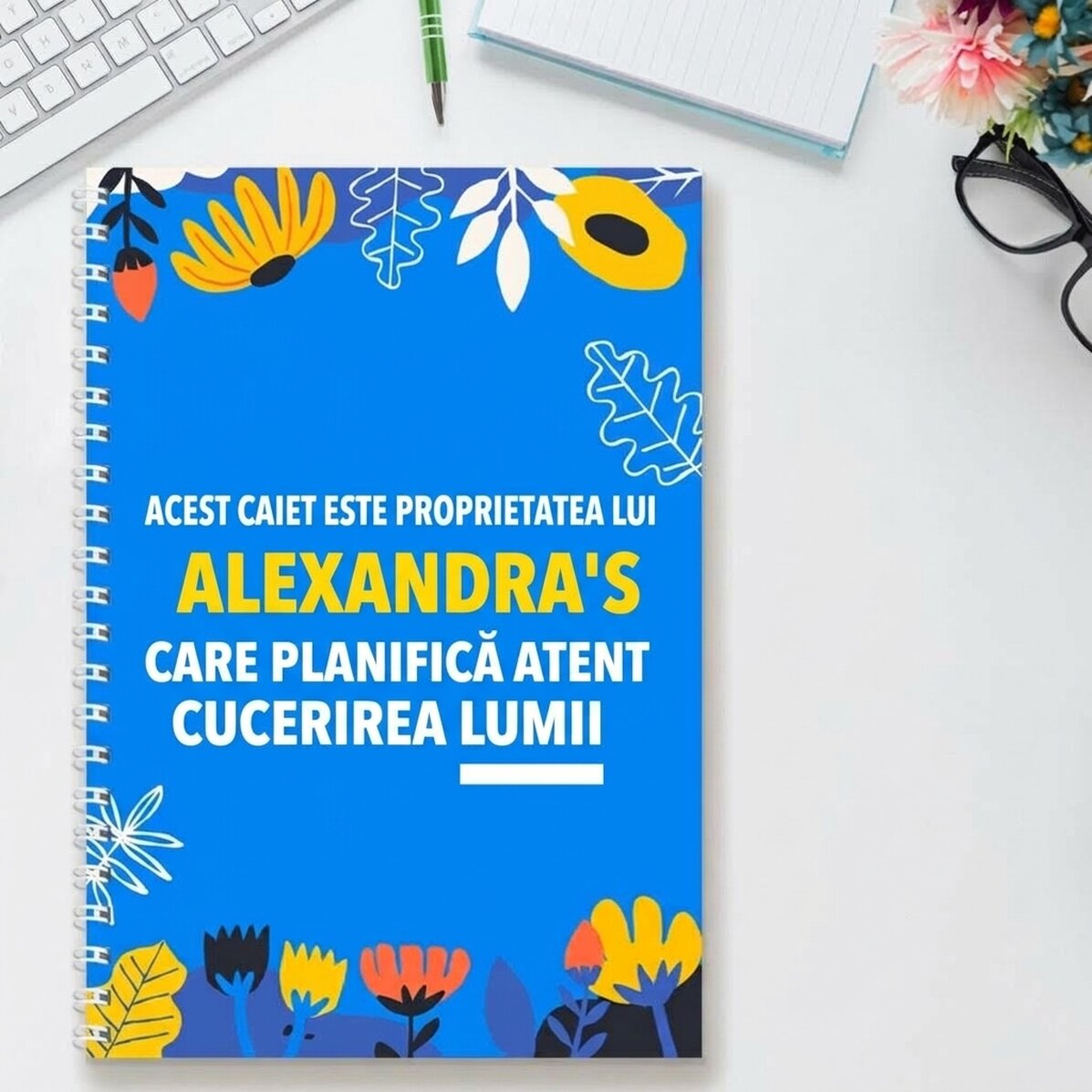 Notebook personalizzato con la scritta "Take over the world"