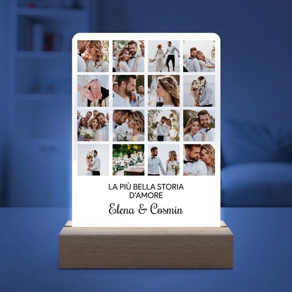 Lampada da comodino a LED personalizzata con 16 foto e un messaggio