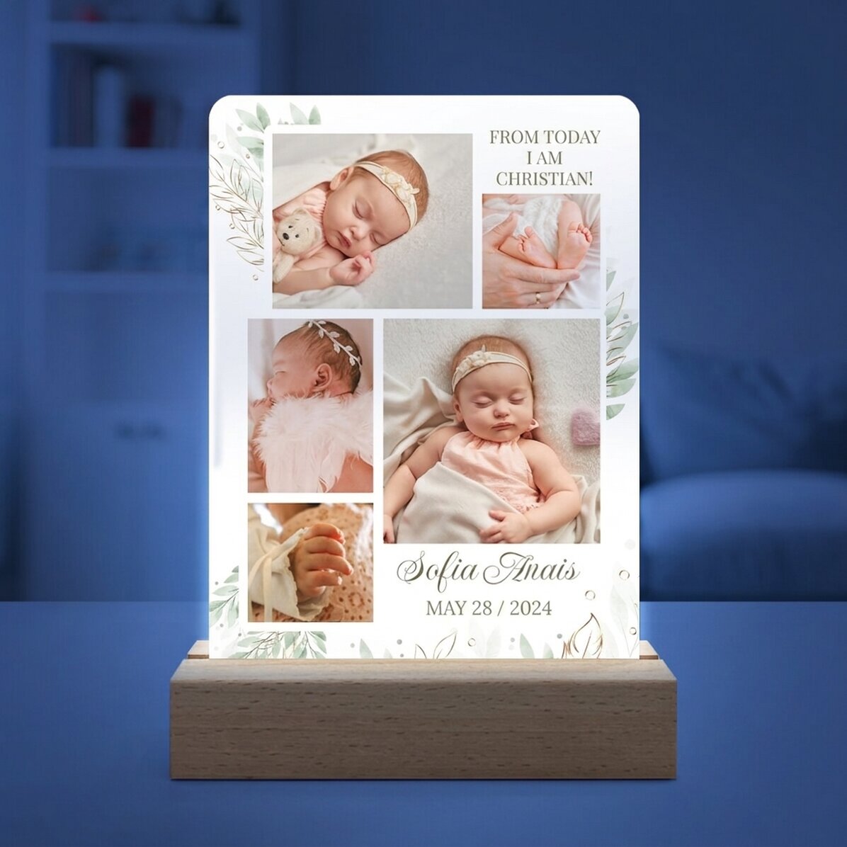 Lampada da comodino a LED personalizzata con 5 foto e testo - bambino